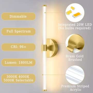 Bathroom Vanity Lights, LED Bathroom Light Fixtures Set of 2, Modern Brass Gold Bathroom Lights Over...