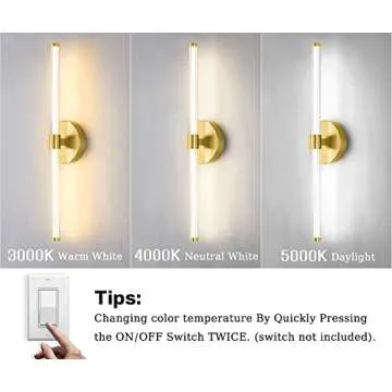 Bathroom Vanity Lights, LED Bathroom Light Fixtures Set of 2, Modern Brass Gold Bathroom Lights Over Mirror, Dimmable LED Sconces Wall Lighting Gold Wall Sconce Light Bar, 3000K 4000K 5000K Selectable