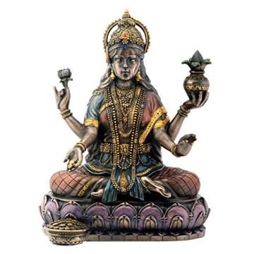 Bronze Hindu Goddess Lakshmi On Lotus Hinduism Display Statue