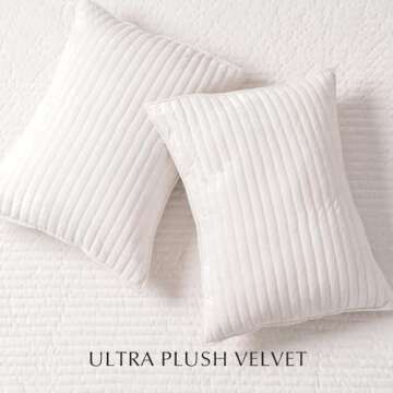 EVERGRACE Velvet Quilt Set Queen Size, Luxurious Soft Striped Channel Bedding Set, Lightweight Velvet Comforter for All Season, Oversized Bedspread Coverlet with 2 Matching Shams, Ivory White