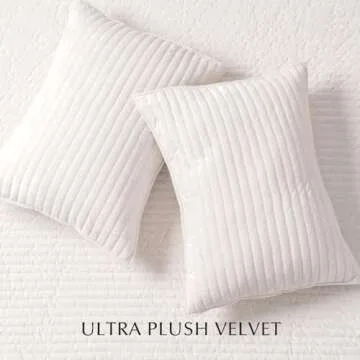 EVERGRACE Velvet Quilt Set Queen Size, Luxurious Soft Striped Channel Bedding Set, Lightweight Velvet Comforter for All Season, Oversized Bedspread Coverlet with 2 Matching Shams, Ivory White