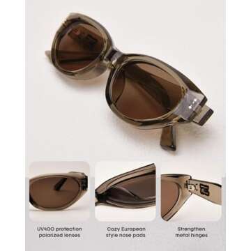 FURTALK Oval Cat Eye Sunglasses, Vintage 90s Style Frame, Polarized Lens, UV Protection (Brown)
