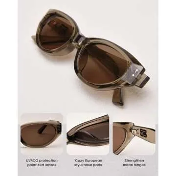 FURTALK Oval Cat Eye Sunglasses, Vintage 90s Style Frame, Polarized Lens, UV Protection (Brown)