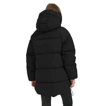 Flygo Womens Hooded Quilted Puffer Jacket Mid-Length Padded Warm Winter Heavyweight Coat Outerwear(Black-S)