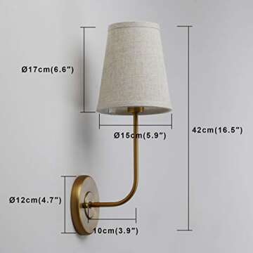 PERMO Single Classic Rustic Industrial Wall Sconce Light Fixture with Flared Funnel Linen Fabric Sha...