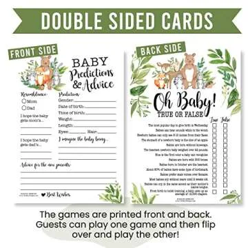 Hadley Designs Hilarious Baby Shower Games Set – 50 Double-Sided Cards for 25 Guests, 4 Games, Predictions, Trivia, True or False, Word Scramble, Gender Neutral and Fun for Boys & Girls (Woodland)