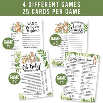 Hadley Designs Hilarious Baby Shower Games Set – 50 Double-Sided Cards for 25 Guests, 4 Games, Predictions, Trivia, True or False, Word Scramble, Gender Neutral and Fun for Boys & Girls (Woodland)