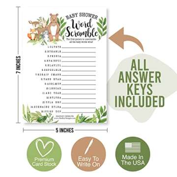 Hadley Designs Hilarious Baby Shower Games Set – 50 Double-Sided Cards for 25 Guests, 4 Games, Predictions, Trivia, True or False, Word Scramble, Gender Neutral and Fun for Boys & Girls (Woodland)