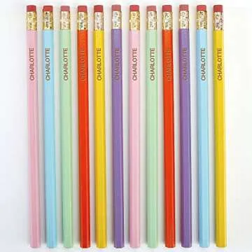 Lillian Vernon Personalized Pastel Pencils - 12 Hardwood #2 Pencil Set With Laser Engraved Name, Cus...