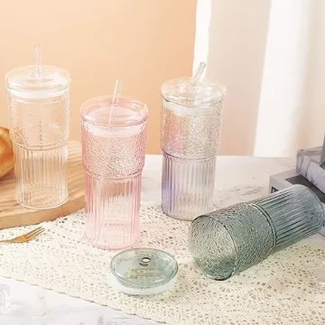 GOSCHE 20oz Glass Cups with Straws Vintage Ripple Design