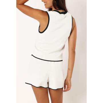 Pink Queen Sweater Vest Set 2 Piece Summer Outfits Fashion V Neck Sleeveless Button Up Tank Top And High Waist Shorts Set For Vacation White S