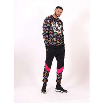 SCREENSHOT-F11963 Mens Urban Hip Hop Premium Fleece - Pullover Activewear 80's Retro Street Fashion Crew Neack Sweatshirt-Black/Pop-Large