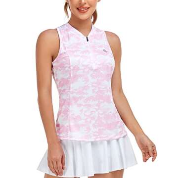 MoFiz Women's Sleeveless Golf Shirt Racerback Tennis Tops Quick Dry Running Shirt Collarless Sports Athletic T-Shirt Camouflage Pink S