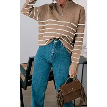 Amkoyam Women's Fall Sweaters 2024 Casual Long Sleeve Striped Knitted Loose Pullover Jumper Tops with Half Zip Up(Style2-Khaki,Small)