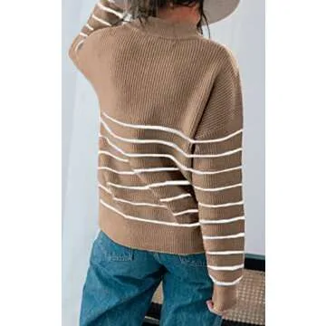Amkoyam Women's Fall Sweaters 2024 Casual Long Sleeve Striped Knitted Loose Pullover Jumper Tops with Half Zip Up(Style2-Khaki,Small)