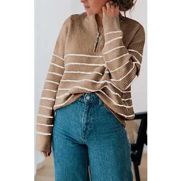 Amkoyam Women's Fall Sweaters 2024 Casual Long Sleeve Striped Knitted Loose Pullover Jumper Tops with Half Zip Up(Style2-Khaki,Small)
