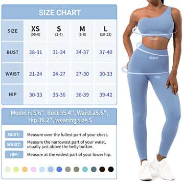 Sportneer Workout Sets for Women 2 Piece, Ribbed Seamless Cute One Shoulder Sports Bra and High Waisted Leggings Matching Gym Yoga Set Outfits Work Out Set Light Blue M