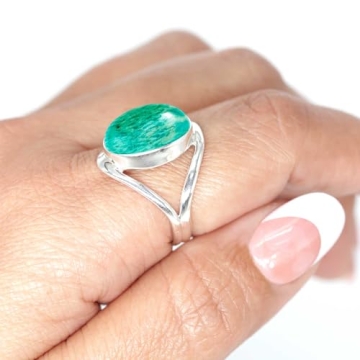 JEWELOPORIUM Green Amazonite Silver Ring Size 8, 925 Sterling Silver Ring for Women, Genuine Oval Ge...