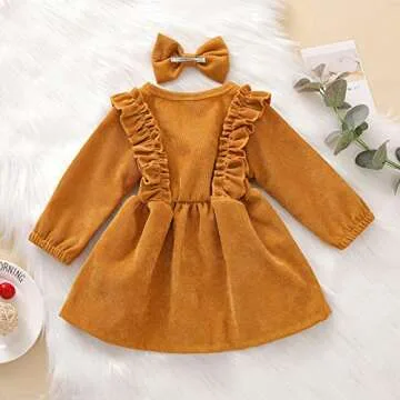 Karuedoo Kids Toddler Baby Girl Corduroy Ruffle Long Sleeve Dress Princess Party Dress Fall Winter Skirt Outfit (A-Yellow, 6-12M)