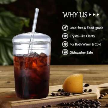 16oz Glass Tumbler with Straw and Lid,Glass Cup with Dome and Glass Straw,Glass Dome Tumbler with St...