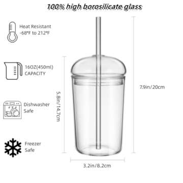 16oz Glass Tumbler with Straw and Lid,Glass Cup with Dome and Glass Straw,Glass Dome Tumbler with Straw and Lid,Iced Coffee Cup with Dome Lids,Heat Resistant Clear Drinking Cups for Smoothies Juice