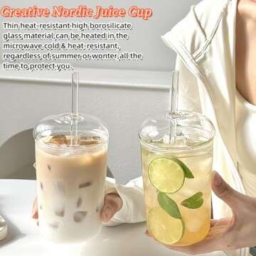 16oz Glass Tumbler with Straw and Lid,Glass Cup with Dome and Glass Straw,Glass Dome Tumbler with Straw and Lid,Iced Coffee Cup with Dome Lids,Heat Resistant Clear Drinking Cups for Smoothies Juice