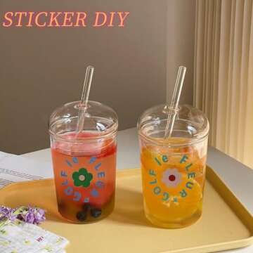 16oz Glass Tumbler with Straw and Lid,Glass Cup with Dome and Glass Straw,Glass Dome Tumbler with Straw and Lid,Iced Coffee Cup with Dome Lids,Heat Resistant Clear Drinking Cups for Smoothies Juice