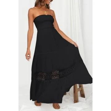 ZESICA Women's Summer Bohemian Strapless Off Shoulder Lace Trim Backless Flowy A Line Beach Long Maxi Dress,Black,Medium