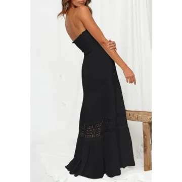 ZESICA Women's Summer Bohemian Strapless Off Shoulder Lace Trim Backless Flowy A Line Beach Long Maxi Dress,Black,Medium