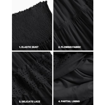 ZESICA Women's Summer Bohemian Strapless Off Shoulder Lace Trim Backless Flowy A Line Beach Long Maxi Dress,Black,Medium