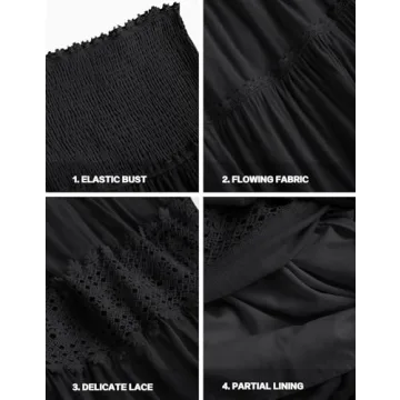 ZESICA Women's Summer Bohemian Strapless Off Shoulder Lace Trim Backless Flowy A Line Beach Long Maxi Dress,Black,Medium