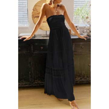 ZESICA Women's Summer Bohemian Strapless Off Shoulder Lace Trim Backless Flowy A Line Beach Long Maxi Dress,Black,Medium
