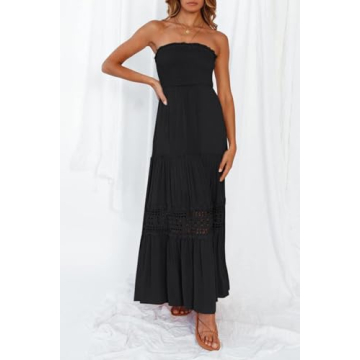 ZESICA Women's Summer Bohemian Strapless Off Shoulder Lace Trim Backless Flowy A Line Beach Long Maxi Dress,Black,Medium