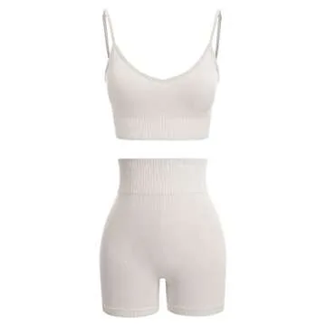 ABOCIW Women Workout Sets 2 Piece Ribbed Seamless Adjustable Strap V Neck Sport Bra and Tummy Control High Waist Running Biker Shorts Sets Exercise Gym Yoga Outfits White 02 Small