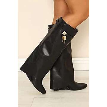 Liliana Women Fold Over Knee High Boots Wedge Heel Padlock Pull-on Boots MUTTO-1