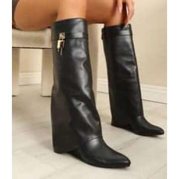 Liliana Women Fold Over Knee High Boots Wedge Heel Padlock Pull-on Boots MUTTO-1