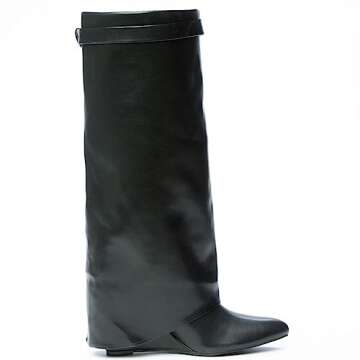 Liliana Women Fold Over Knee High Boots Wedge Heel Padlock Pull-on Boots MUTTO-1