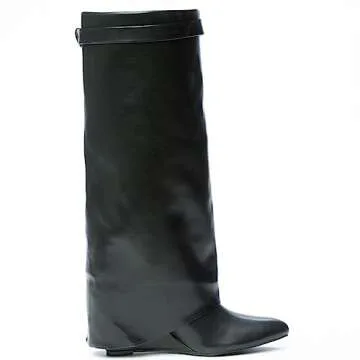 Liliana Women Fold Over Knee High Boots Wedge Heel Padlock Pull-on Boots MUTTO-1