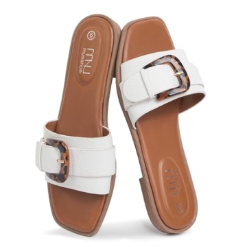 MUSSHOE Fashion Flat Summer Sandals for Women 2024-White Sandals Women,Comfortable Leather Slides, D...