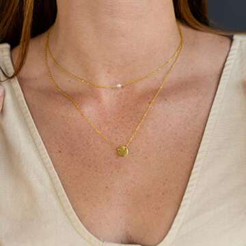 Ava Riley Necklace for Women, 14K Gold-Plated Dainty Choker, 2 Piece Sets - Pearl Disc Pendant Necklaces for Women, Trendy Beach Jewelry