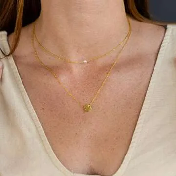 Ava Riley Necklace for Women, 14K Gold-Plated Dainty Choker, 2 Piece Sets - Pearl Disc Pendant Necklaces for Women, Trendy Beach Jewelry