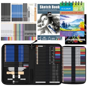 KALOUR 76pc Art Supply Set - Sketching & Drawing Kit with Tutorial Book, Sketchbook & Paper - Pencil...