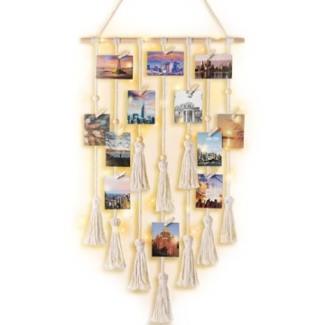 Mkono Boho Macrame Hanging Photo Display with Lights & Clips