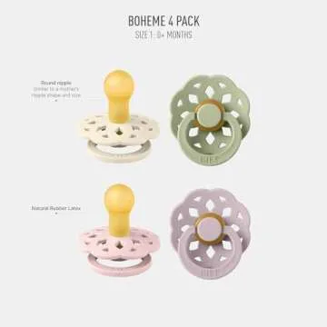 BIBS Boheme Soother 4-Pack | BPA Free Dummy Pacifier | Round Nipple | Natural Rubber Latex | Made in...