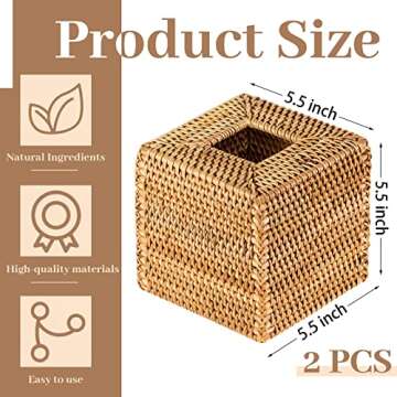Kigley 2 Pcs Square Rattan Tissue Box Cover - Natural Wicker Decor