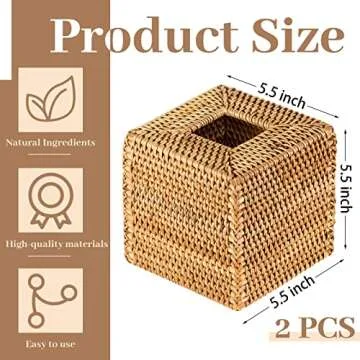 Kigley 2 Pcs Square Rattan Tissue Box Cover - Natural Wicker Decor