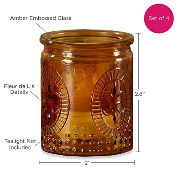 Kate Aspen Vintage Glass Tealight & Votive Candle Fleur-de-lis Tea Light Holders, Set of 4, Amber