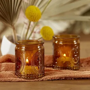 Kate Aspen Vintage Glass Tealight & Votive Candle Fleur-de-lis Tea Light Holders, Set of 4, Amber