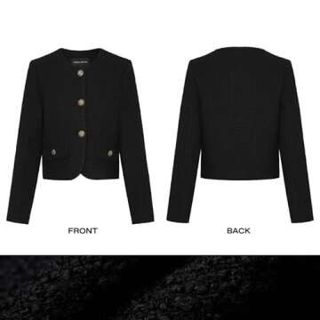 URBAN REVIVO Women's Cropped Crew Neck Casual Tweed Blazer Elegant Slim Work Office Long Sleeve Jack...