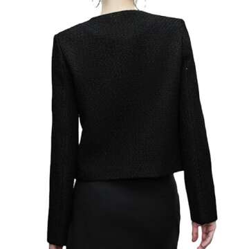 URBAN REVIVO Women's Cropped Crew Neck Casual Tweed Blazer Elegant Slim Work Office Long Sleeve Jacket with Fake Pockets Black